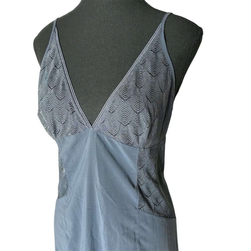 CALVIN KLEIN Navy Blue Silky Smooth Chemise Slip Negligee Geo Lace V Neck S/M